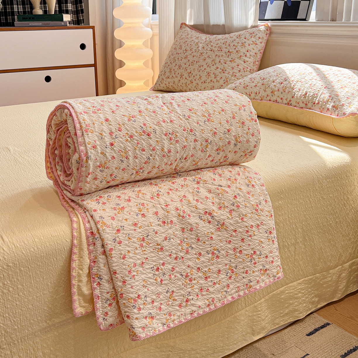 仟网汇 2026新款三角针贝壳边泡芙纱夏被四件套 三角针夏被-心愿