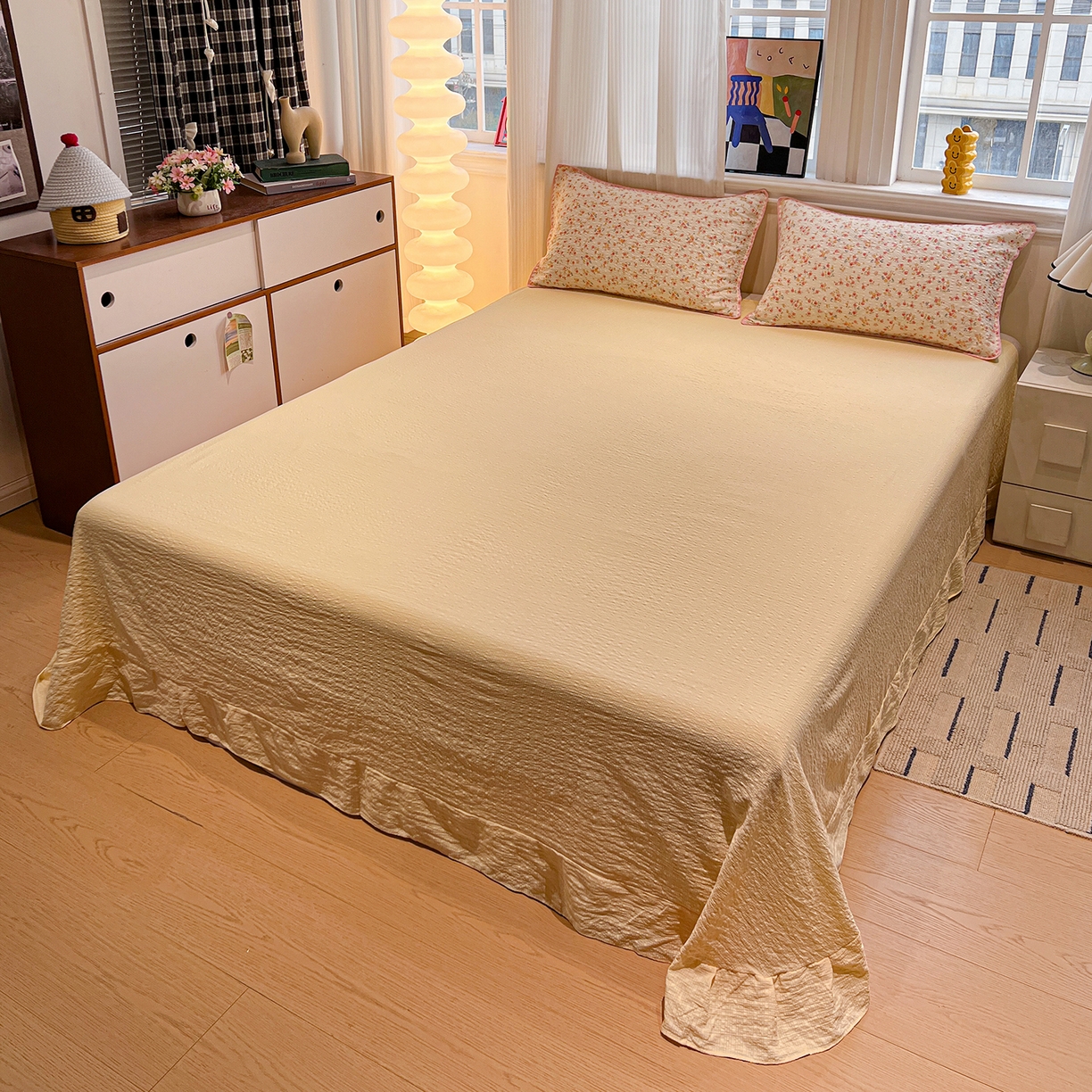 91家纺网 家纺一手货源 找家纺 仟网汇 2026新款三角针贝壳边泡芙纱夏被四件套 三角针夏被-心愿