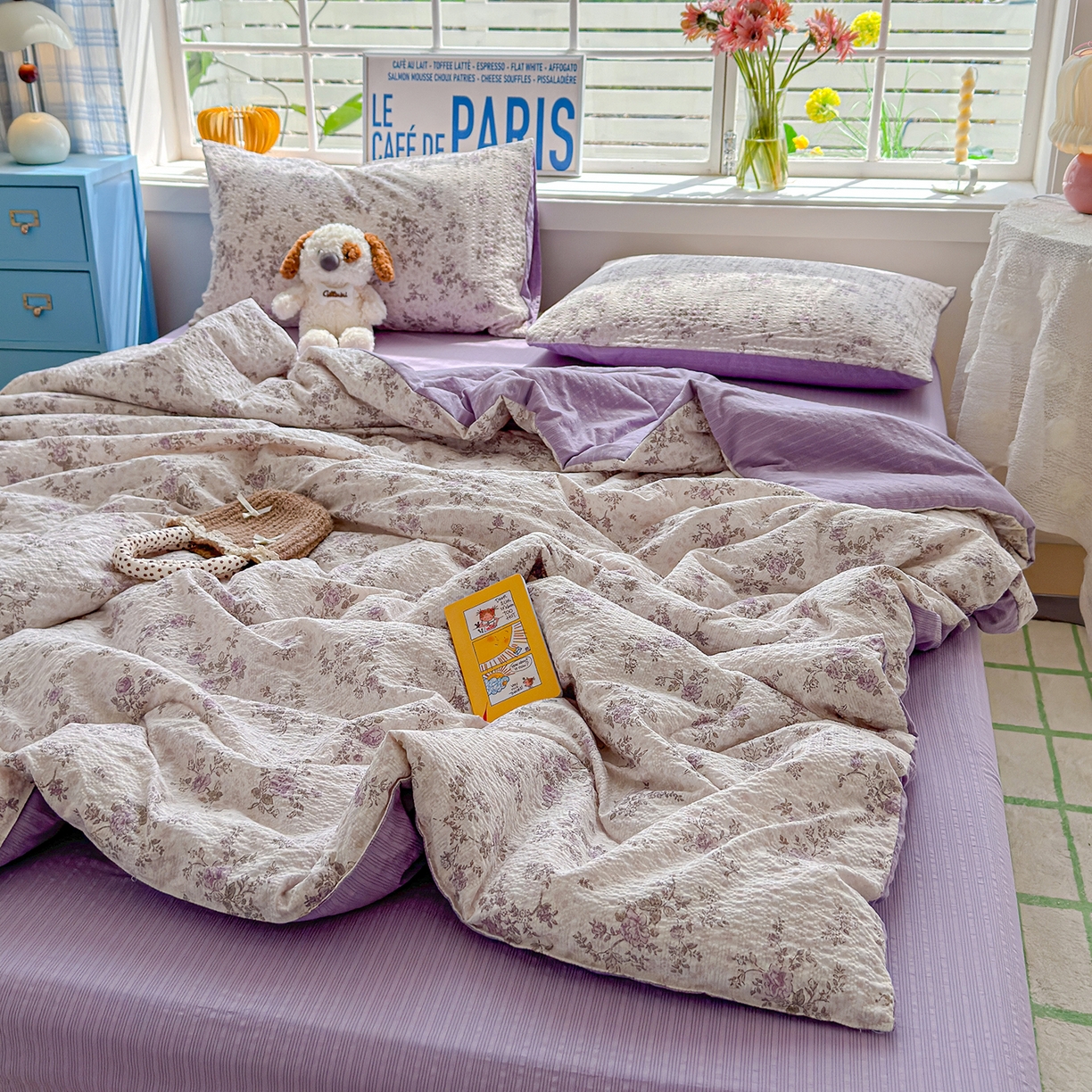 91家纺网 家纺一手货源 找家纺 玉海棠家纺 2026新款云感泡芙棉夏被空调被夏凉被四件套 紫黛花语