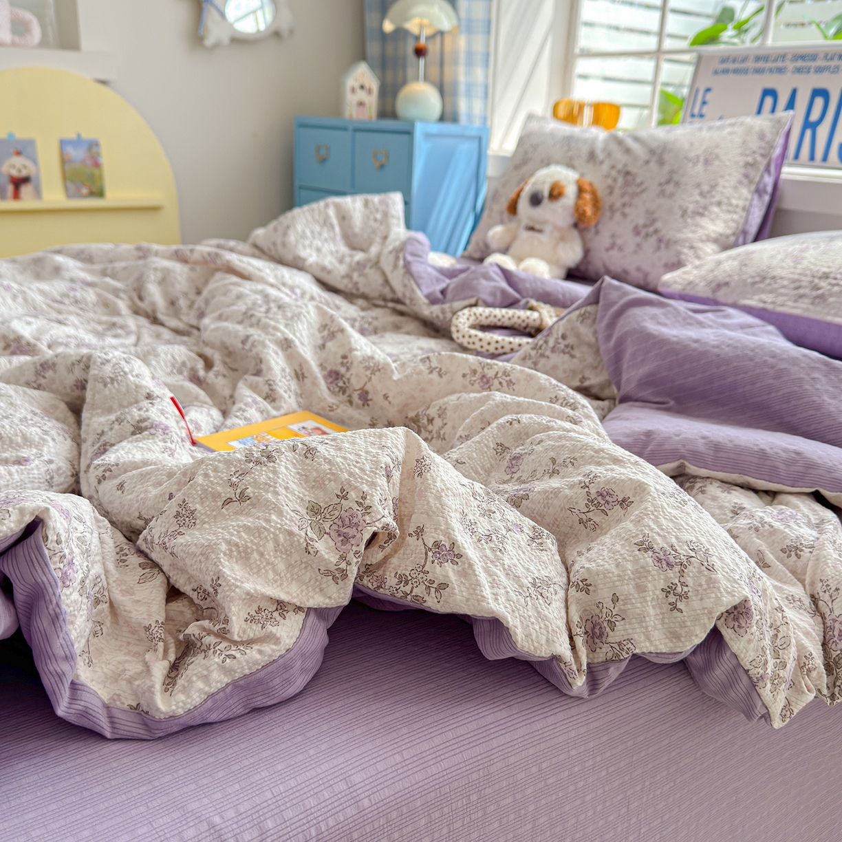 91家纺网 家纺一手货源 找家纺 玉海棠家纺 2026新款云感泡芙棉夏被空调被夏凉被四件套 紫黛花语