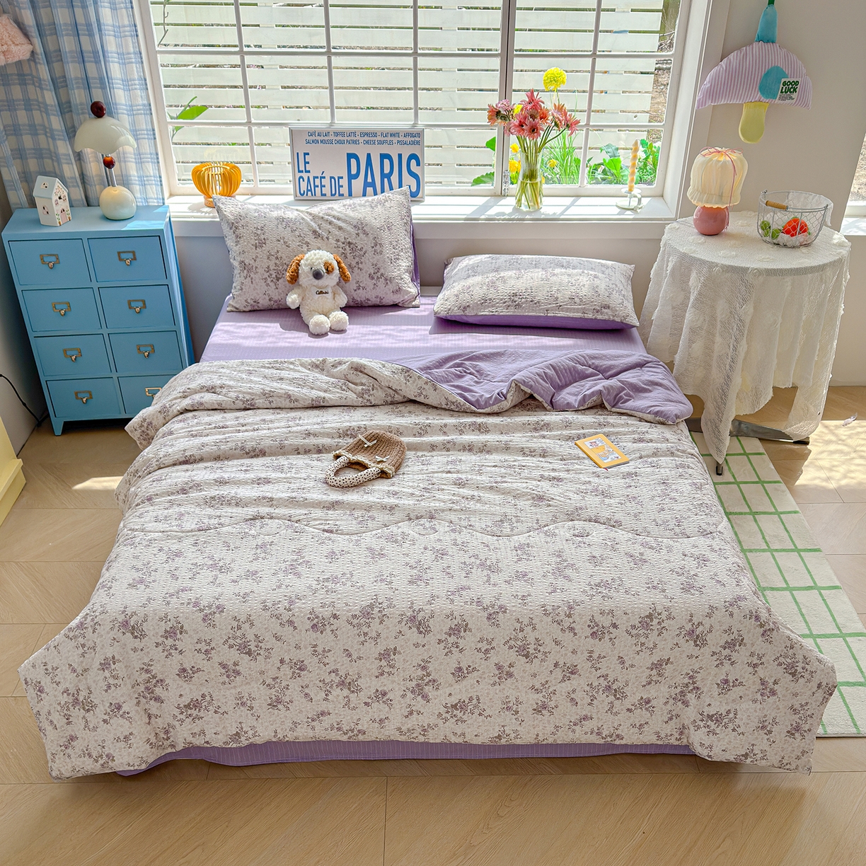 91家纺网 家纺一手货源 找家纺 玉海棠家纺 2026新款云感泡芙棉夏被空调被夏凉被四件套 紫黛花语