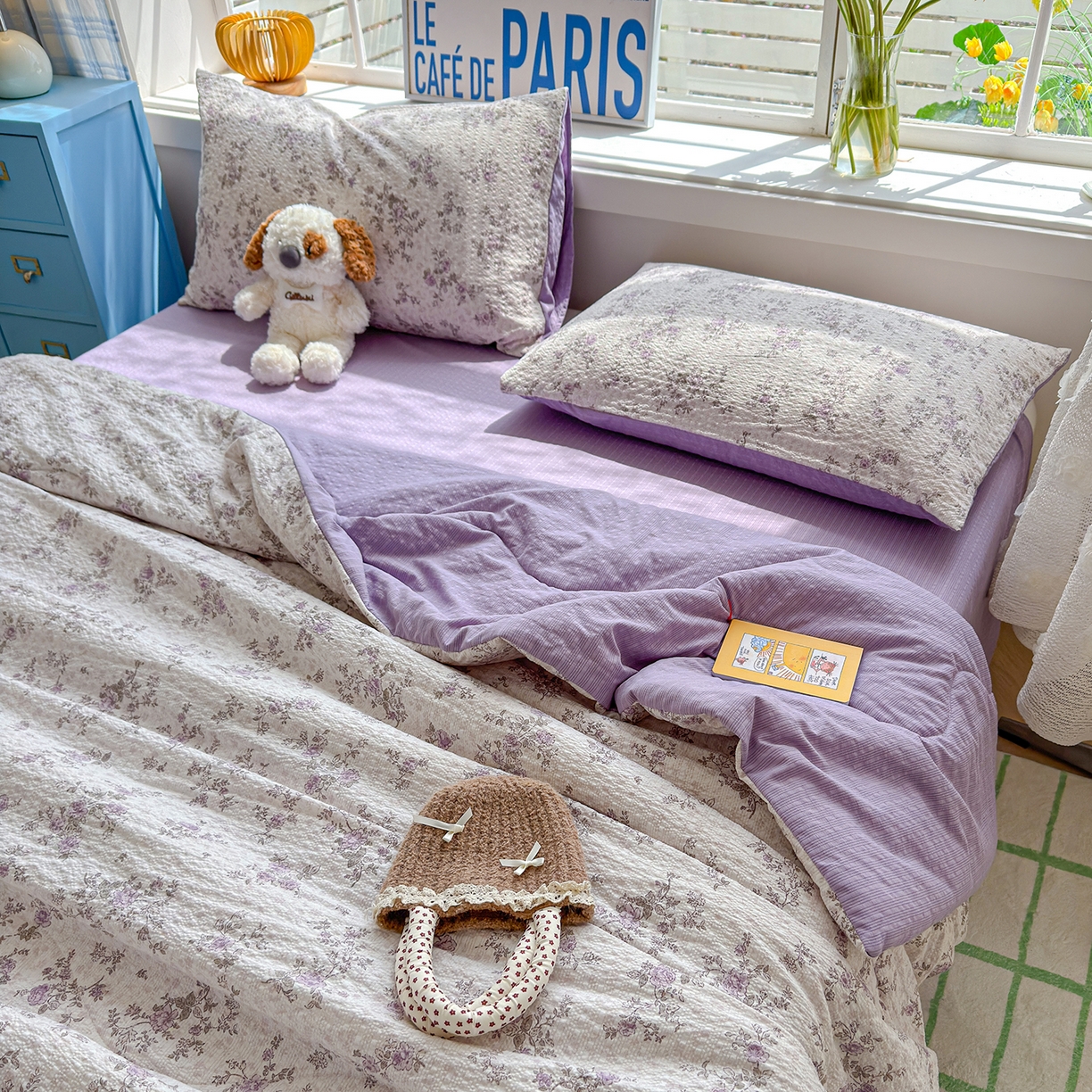 91家纺网 家纺一手货源 找家纺 玉海棠家纺 2026新款云感泡芙棉夏被空调被夏凉被四件套 紫黛花语