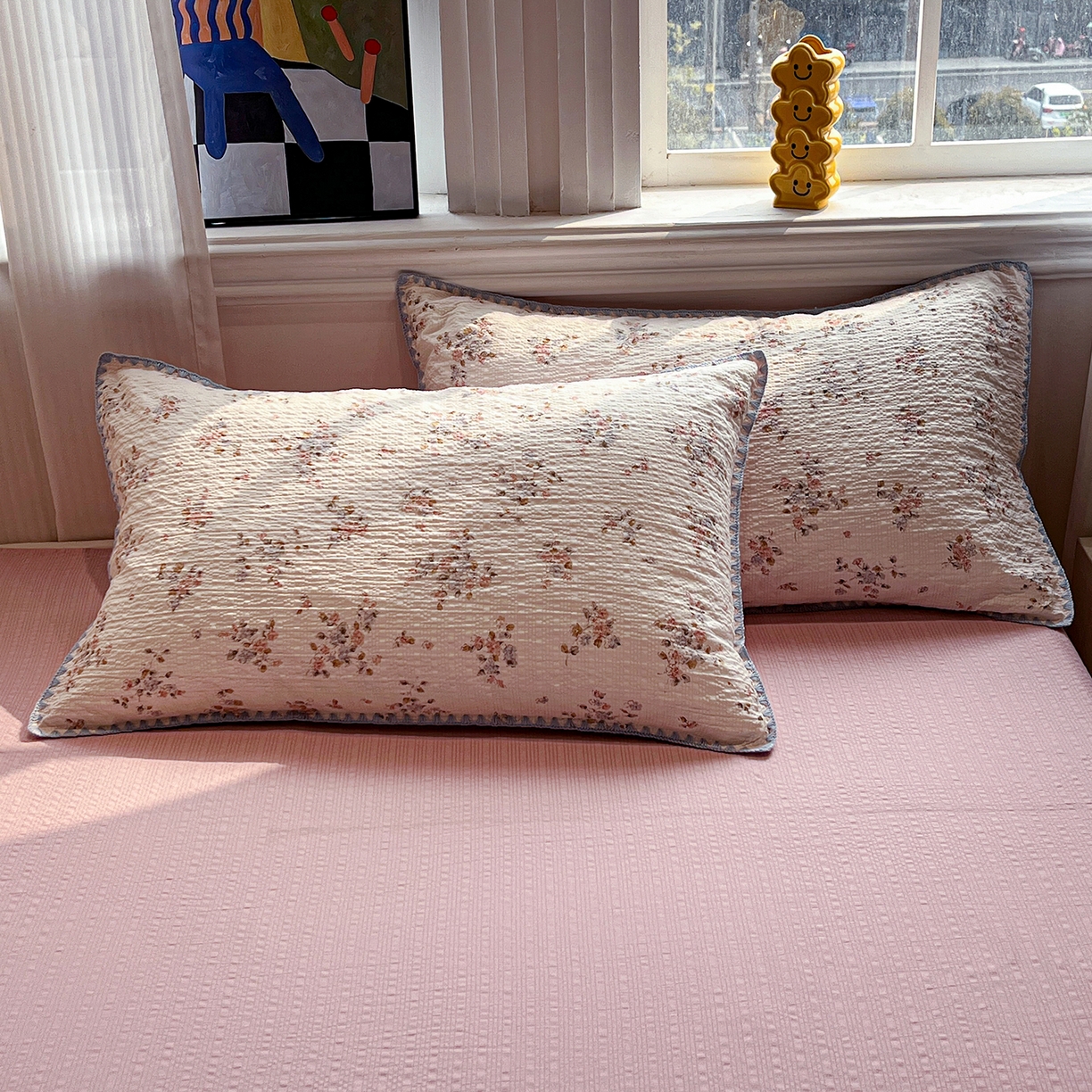 91家纺网 家纺一手货源 找家纺 仟网汇 2026新款三角针贝壳边泡芙纱夏被四件套 三角针夏被-紫花楹