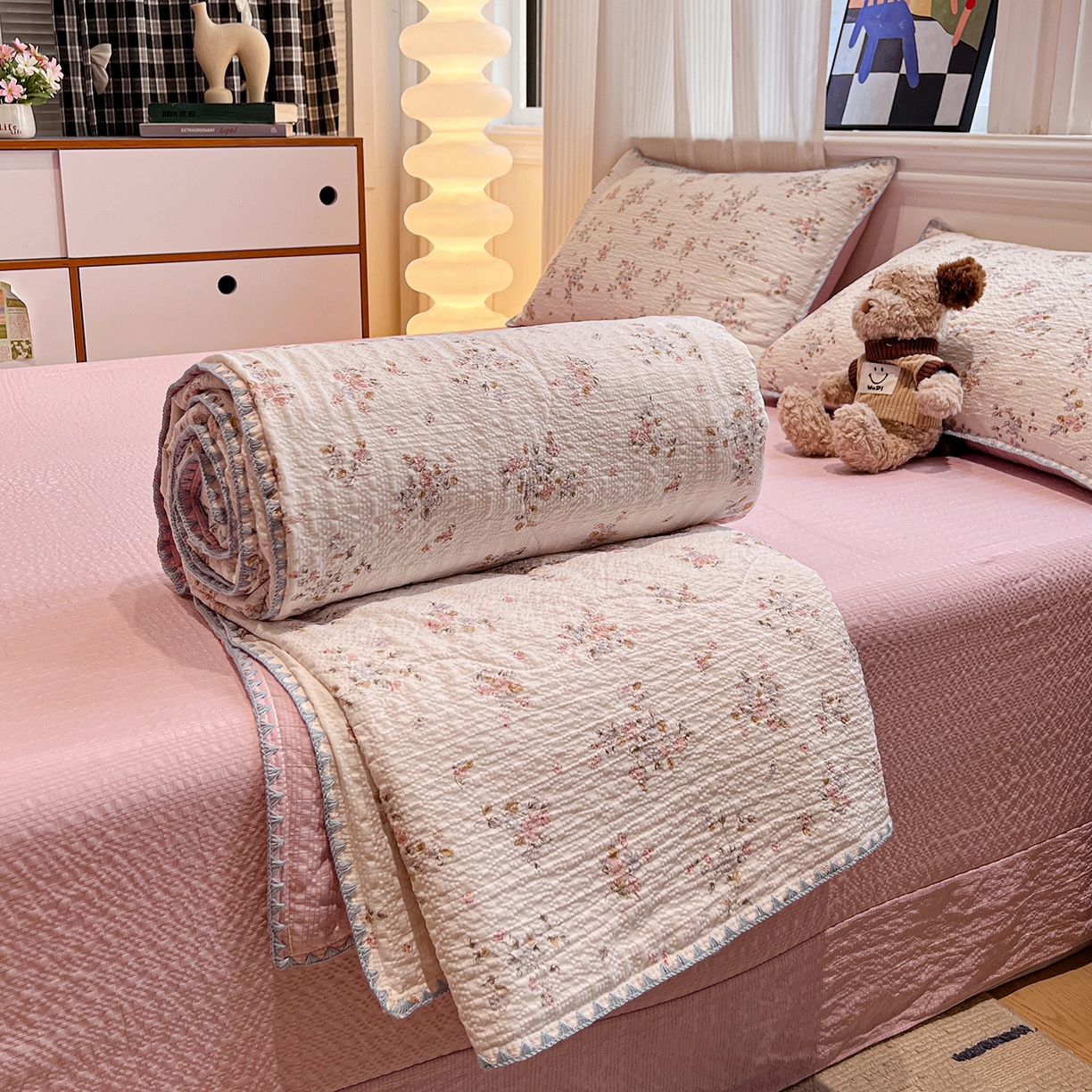 仟网汇 2026新款三角针贝壳边泡芙纱夏被四件套 三角针夏被-紫花楹