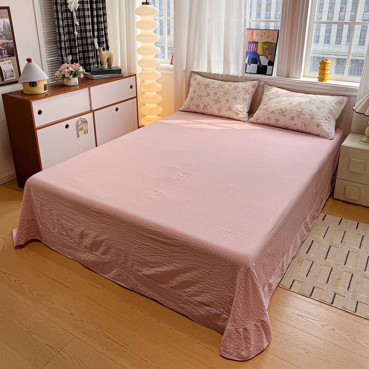 91家纺网 家纺一手货源 找家纺 仟网汇 2026新款三角针贝壳边泡芙纱夏被四件套 三角针夏被-紫花楹