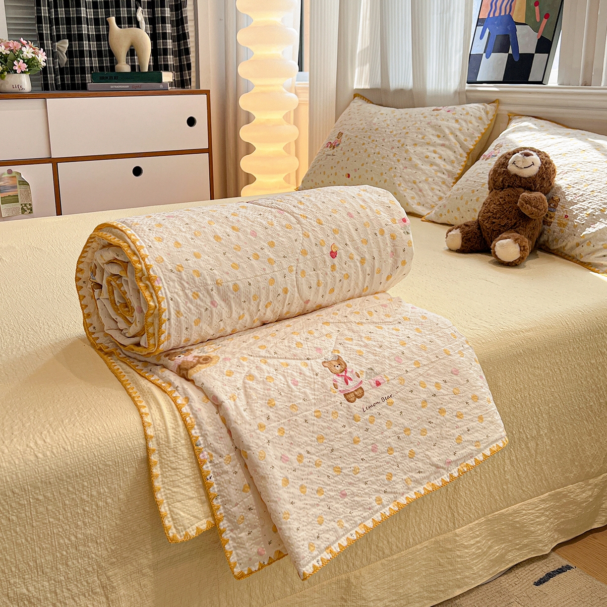 仟网汇 2026新款三角针贝壳边泡芙纱夏被四件套 三角针夏被-棕熊宝贝