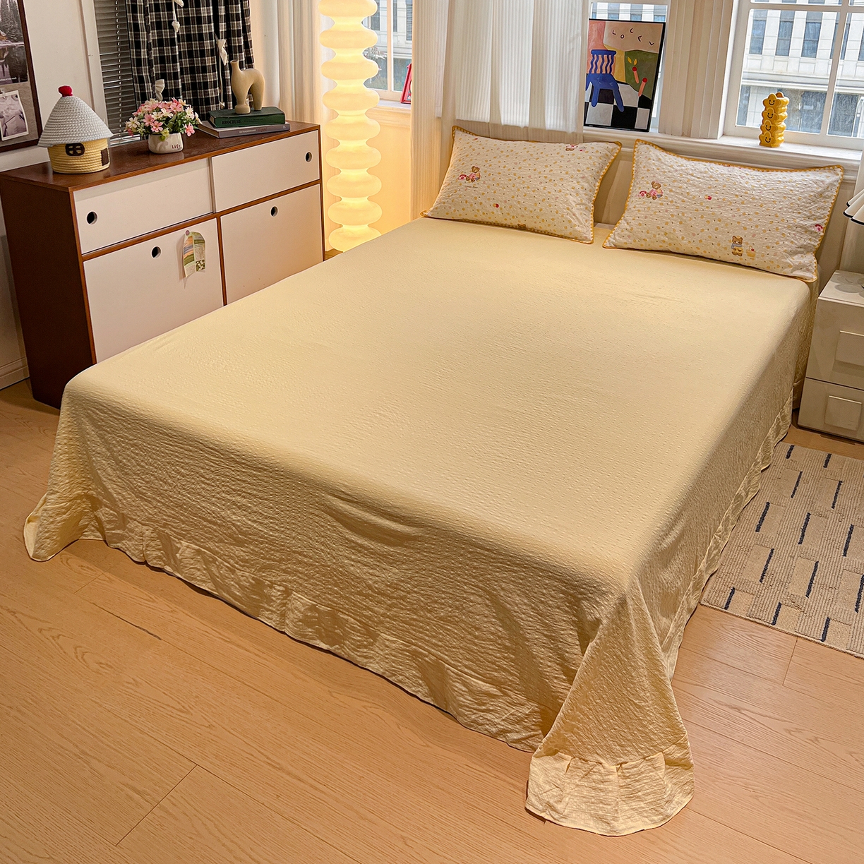 91家纺网 家纺一手货源 找家纺 仟网汇 2026新款三角针贝壳边泡芙纱夏被四件套 三角针夏被-棕熊宝贝