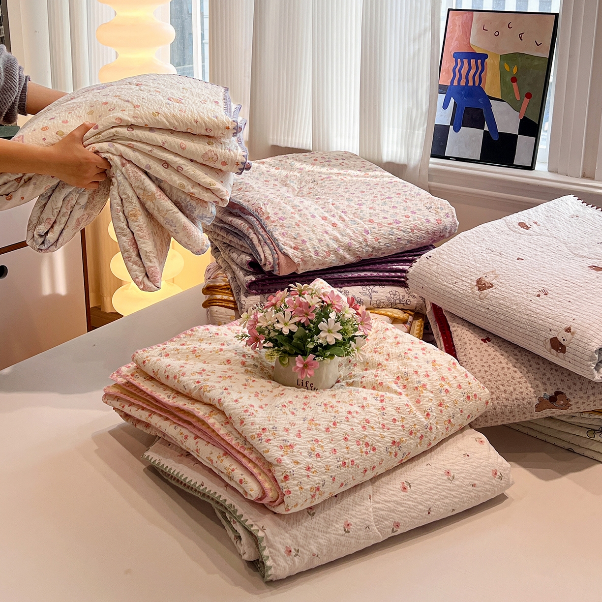 91家纺网 家纺一手货源 找家纺 仟网汇 2026新款三角针贝壳边泡芙纱夏被四件套 组合图