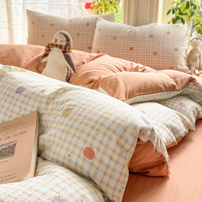 91家纺网 家纺一手货源 找家纺 丝芙妮家居 2026新款皱皱棉双层纱泡芙棉四件套 缤纷南瓜