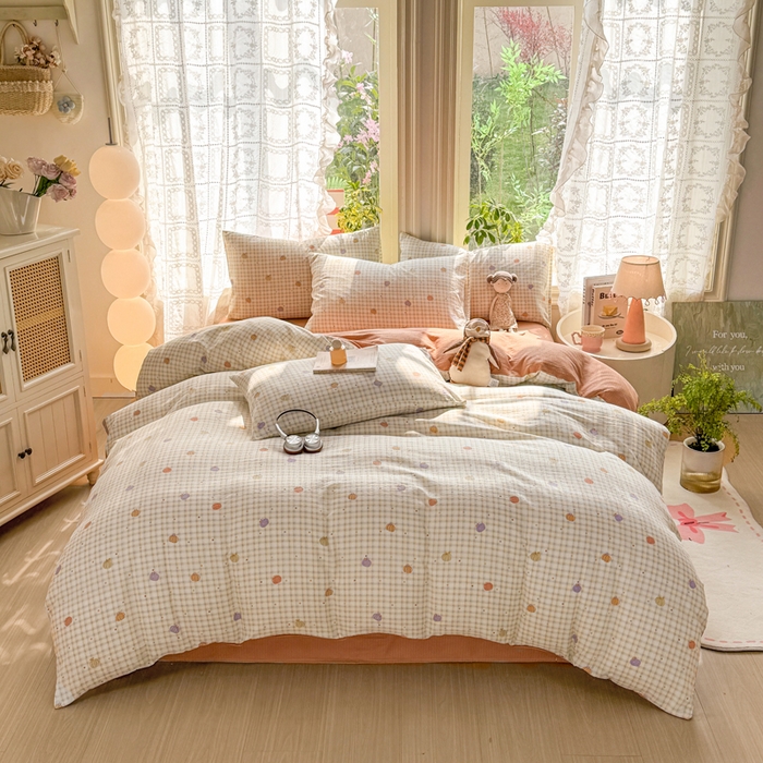 91家纺网 家纺一手货源 找家纺 丝芙妮家居 2026新款皱皱棉双层纱泡芙棉四件套 缤纷南瓜