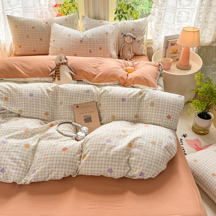 91家纺网 家纺一手货源 找家纺 丝芙妮家居 2026新款皱皱棉双层纱泡芙棉四件套 缤纷南瓜