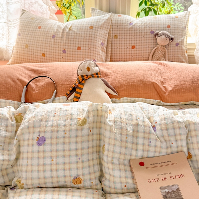 91家纺网 家纺一手货源 找家纺 丝芙妮家居 2026新款皱皱棉双层纱泡芙棉四件套 缤纷南瓜