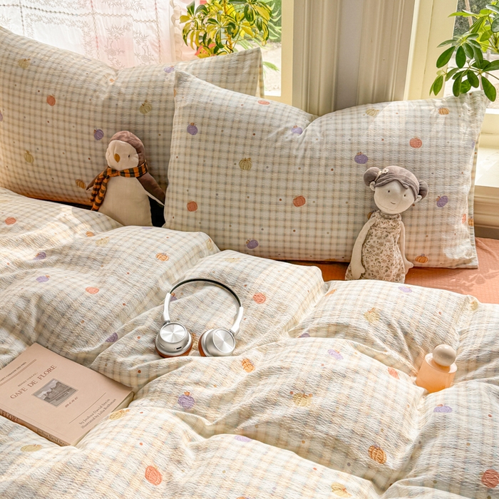 91家纺网 家纺一手货源 找家纺 丝芙妮家居 2026新款皱皱棉双层纱泡芙棉四件套 缤纷南瓜