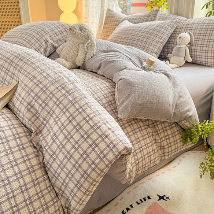 91家纺网 家纺一手货源 找家纺 丝芙妮家居 2026新款皱皱棉双层纱泡芙棉四件套 浅川织格