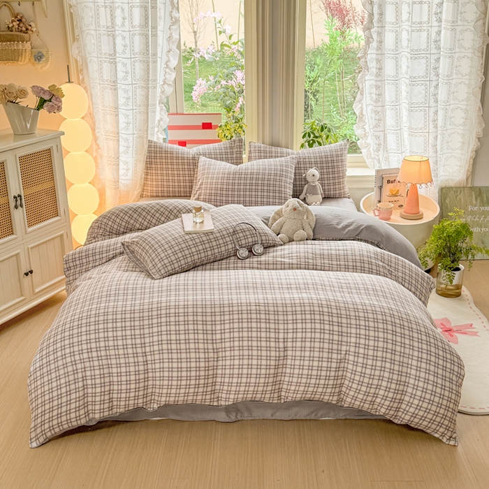 91家纺网 家纺一手货源 找家纺 丝芙妮家居 2026新款皱皱棉双层纱泡芙棉四件套 浅川织格