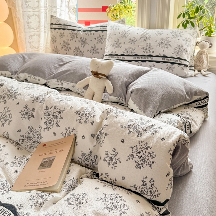 91家纺网 家纺一手货源 找家纺 丝芙妮家居 2026新款皱皱棉双层纱泡芙棉四件套 素描花海