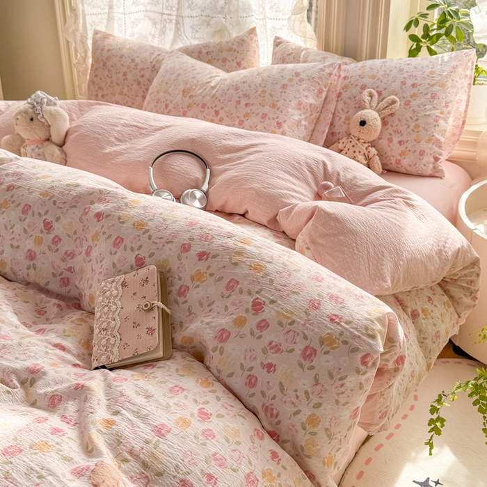 91家纺网 家纺一手货源 找家纺 丝芙妮家居 2026新款皱皱棉双层纱泡芙棉四件套 春之约