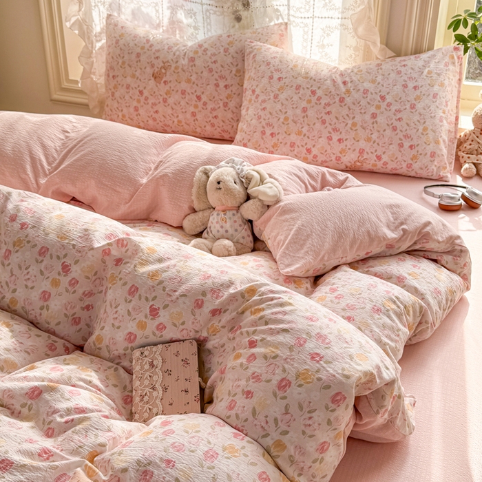 91家纺网 家纺一手货源 找家纺 丝芙妮家居 2026新款皱皱棉双层纱泡芙棉四件套 春之约