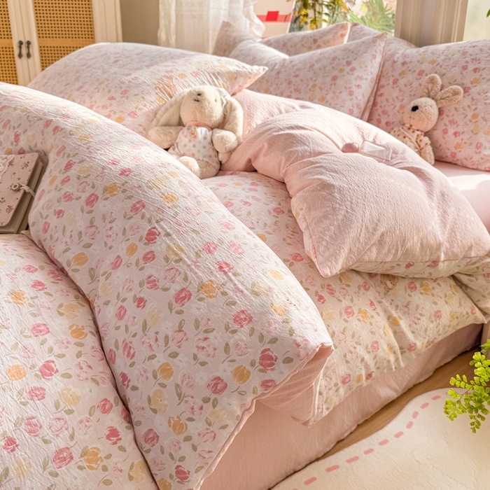 91家纺网 家纺一手货源 找家纺 丝芙妮家居 2026新款皱皱棉双层纱泡芙棉四件套 春之约