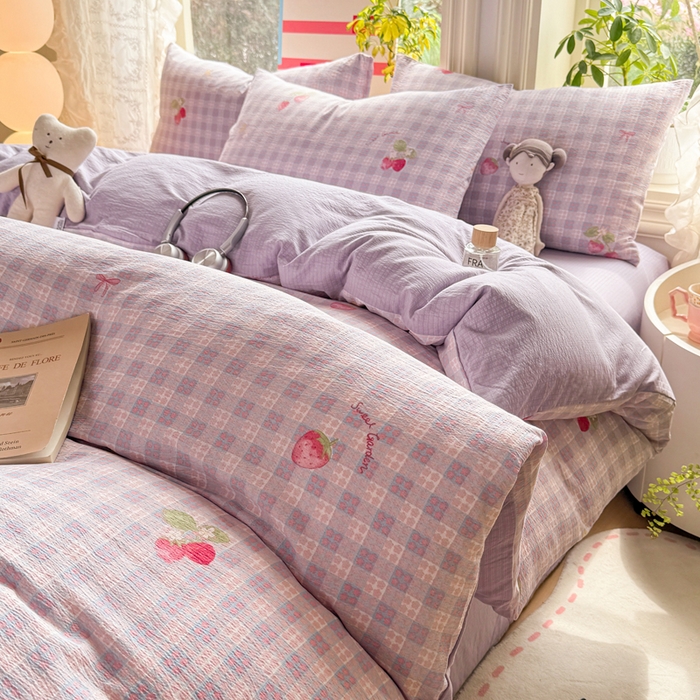 91家纺网 家纺一手货源 找家纺 丝芙妮家居 2026新款皱皱棉双层纱泡芙棉四件套 草莓奶昔