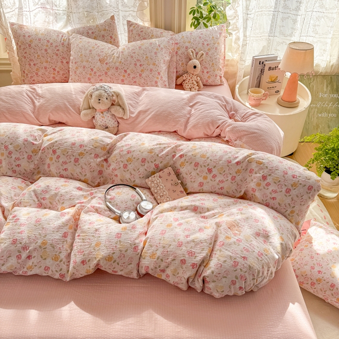 91家纺网 家纺一手货源 找家纺 丝芙妮家居 2026新款皱皱棉双层纱泡芙棉四件套 春之约