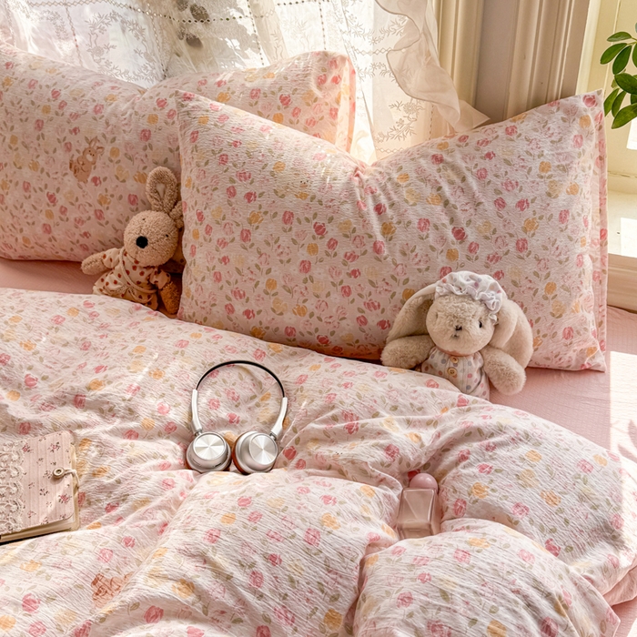 91家纺网 家纺一手货源 找家纺 丝芙妮家居 2026新款皱皱棉双层纱泡芙棉四件套 春之约