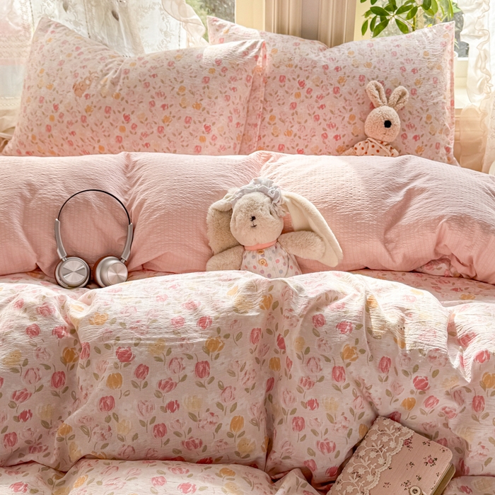 91家纺网 家纺一手货源 找家纺 丝芙妮家居 2026新款皱皱棉双层纱泡芙棉四件套 春之约