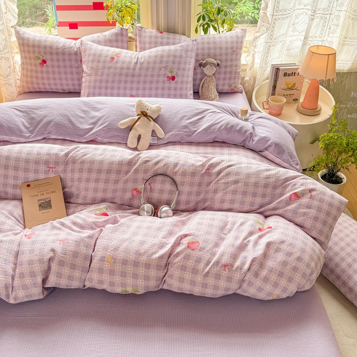 91家纺网 家纺一手货源 找家纺 丝芙妮家居 2026新款皱皱棉双层纱泡芙棉四件套 草莓奶昔