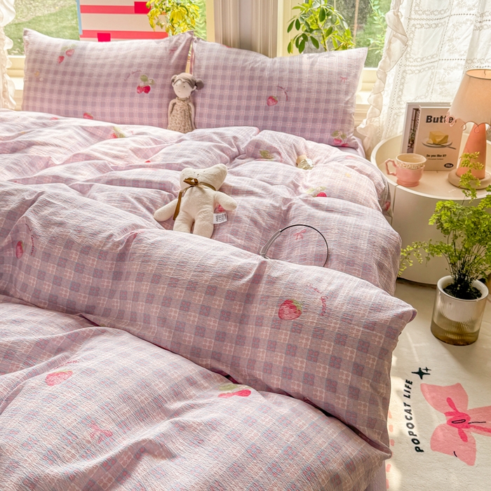 91家纺网 家纺一手货源 找家纺 丝芙妮家居 2026新款皱皱棉双层纱泡芙棉四件套 草莓奶昔