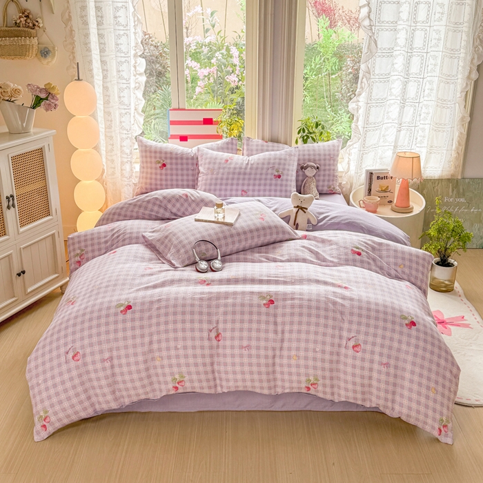 91家纺网 家纺一手货源 找家纺 丝芙妮家居 2026新款皱皱棉双层纱泡芙棉四件套 草莓奶昔