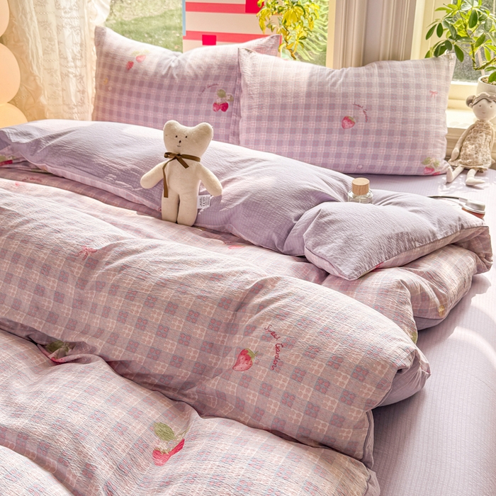 91家纺网 家纺一手货源 找家纺 丝芙妮家居 2026新款皱皱棉双层纱泡芙棉四件套 草莓奶昔