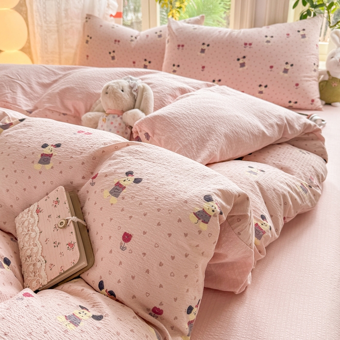 91家纺网 家纺一手货源 找家纺 丝芙妮家居 2026新款皱皱棉双层纱泡芙棉四件套 花枝狗狗