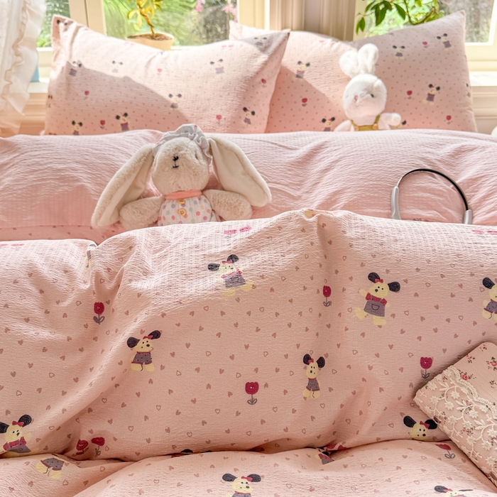 91家纺网 家纺一手货源 找家纺 丝芙妮家居 2026新款皱皱棉双层纱泡芙棉四件套 花枝狗狗