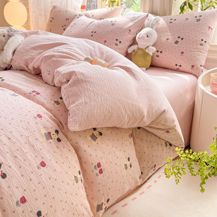 91家纺网 家纺一手货源 找家纺 丝芙妮家居 2026新款皱皱棉双层纱泡芙棉四件套 花枝狗狗