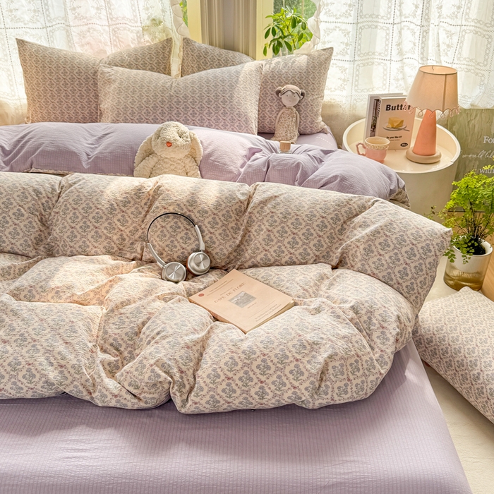 91家纺网 家纺一手货源 找家纺 丝芙妮家居 2026新款皱皱棉双层纱泡芙棉四件套 花清梦