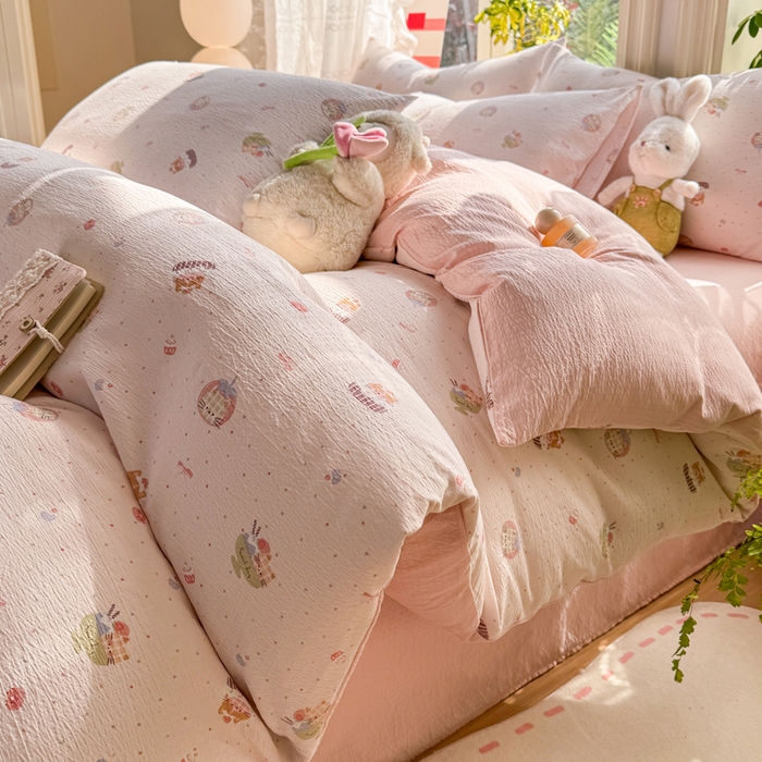 91家纺网 家纺一手货源 找家纺 丝芙妮家居 2026新款皱皱棉双层纱泡芙棉四件套 莓果冰淇淋