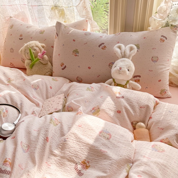 91家纺网 家纺一手货源 找家纺 丝芙妮家居 2026新款皱皱棉双层纱泡芙棉四件套 莓果冰淇淋