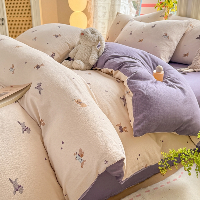 91家纺网 家纺一手货源 找家纺 丝芙妮家居 2026新款皱皱棉双层纱泡芙棉四件套 假日小狗