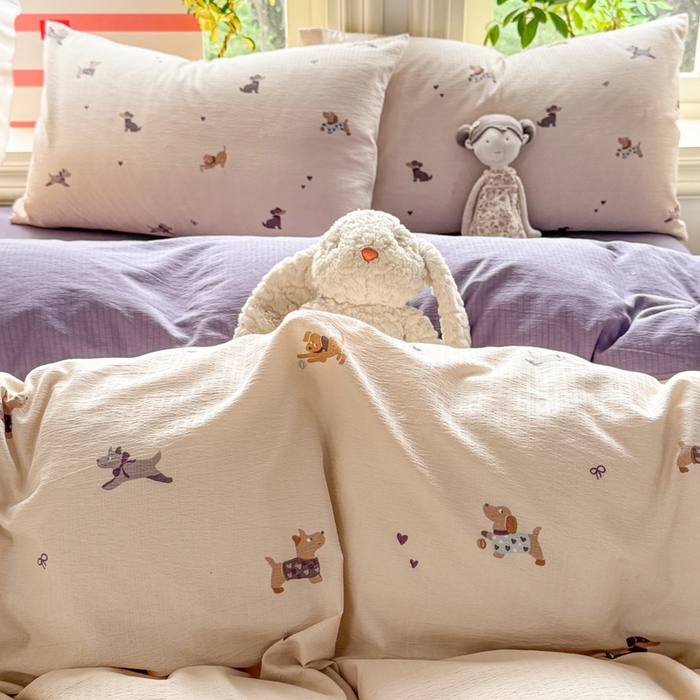 91家纺网 家纺一手货源 找家纺 丝芙妮家居 2026新款皱皱棉双层纱泡芙棉四件套 假日小狗