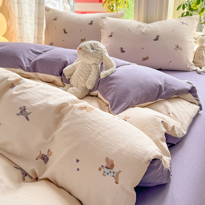 91家纺网 家纺一手货源 找家纺 丝芙妮家居 2026新款皱皱棉双层纱泡芙棉四件套 假日小狗