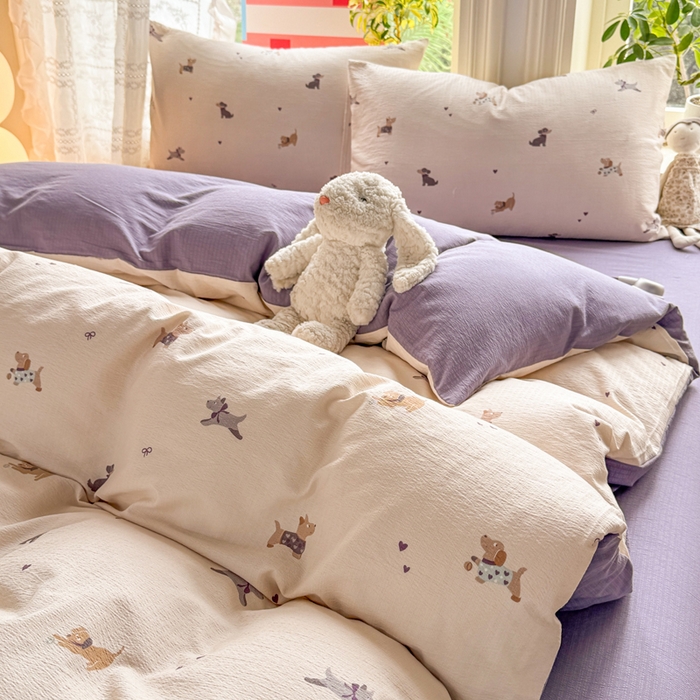 91家纺网 家纺一手货源 找家纺 丝芙妮家居 2026新款皱皱棉双层纱泡芙棉四件套 假日小狗