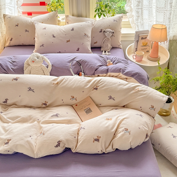 91家纺网 家纺一手货源 找家纺 丝芙妮家居 2026新款皱皱棉双层纱泡芙棉四件套 假日小狗