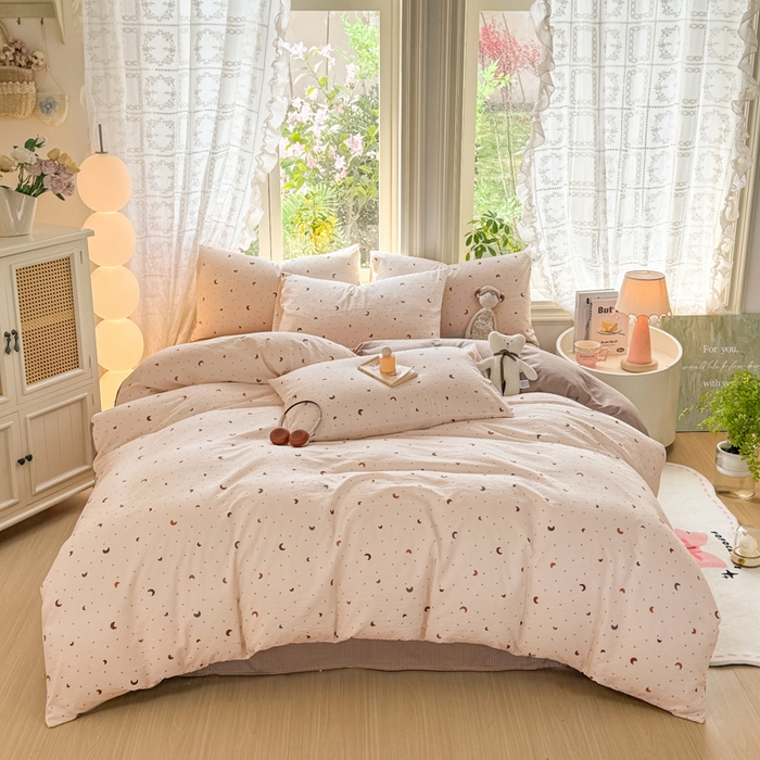 91家纺网 家纺一手货源 找家纺 丝芙妮家居 2026新款皱皱棉双层纱泡芙棉四件套 星月点点