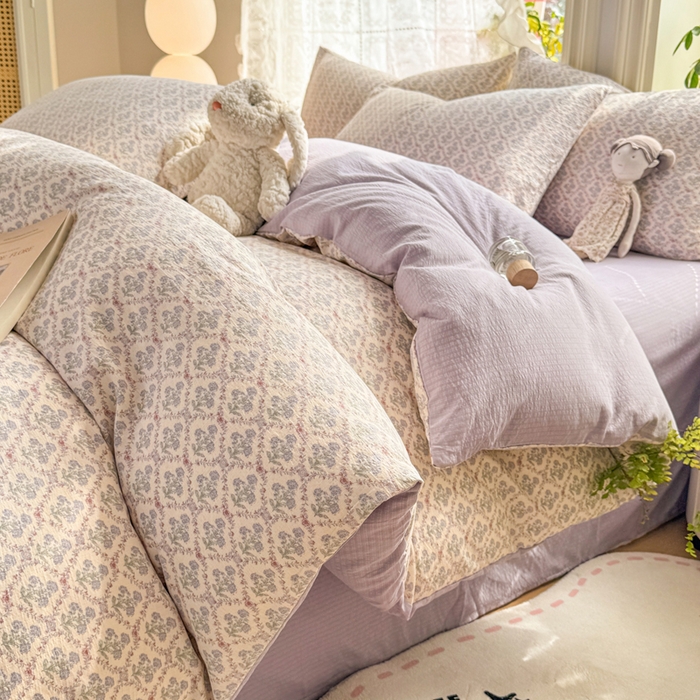 91家纺网 家纺一手货源 找家纺 丝芙妮家居 2026新款皱皱棉双层纱泡芙棉四件套 花清梦