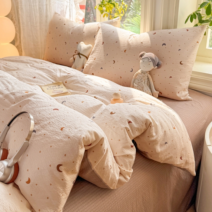 91家纺网 家纺一手货源 找家纺 丝芙妮家居 2026新款皱皱棉双层纱泡芙棉四件套 星月点点