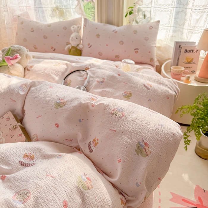 91家纺网 家纺一手货源 找家纺 丝芙妮家居 2026新款皱皱棉双层纱泡芙棉四件套 莓果冰淇淋