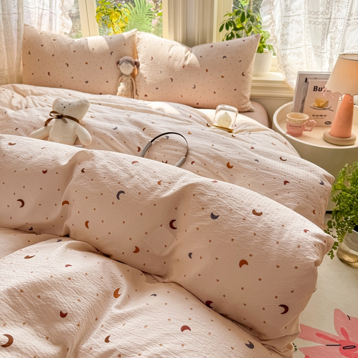 91家纺网 家纺一手货源 找家纺 丝芙妮家居 2026新款皱皱棉双层纱泡芙棉四件套 星月点点