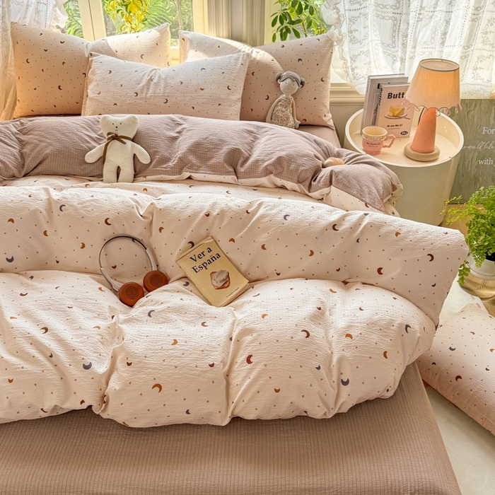 91家纺网 家纺一手货源 找家纺 丝芙妮家居 2026新款皱皱棉双层纱泡芙棉四件套 星月点点