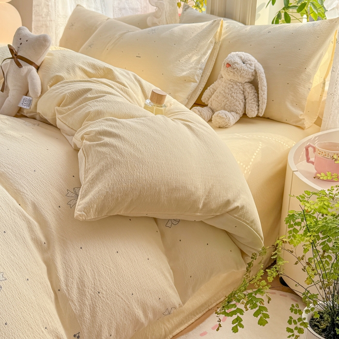 91家纺网 家纺一手货源 找家纺 丝芙妮家居 2026新款皱皱棉双层纱泡芙棉四件套 泡芙蝴蝶结