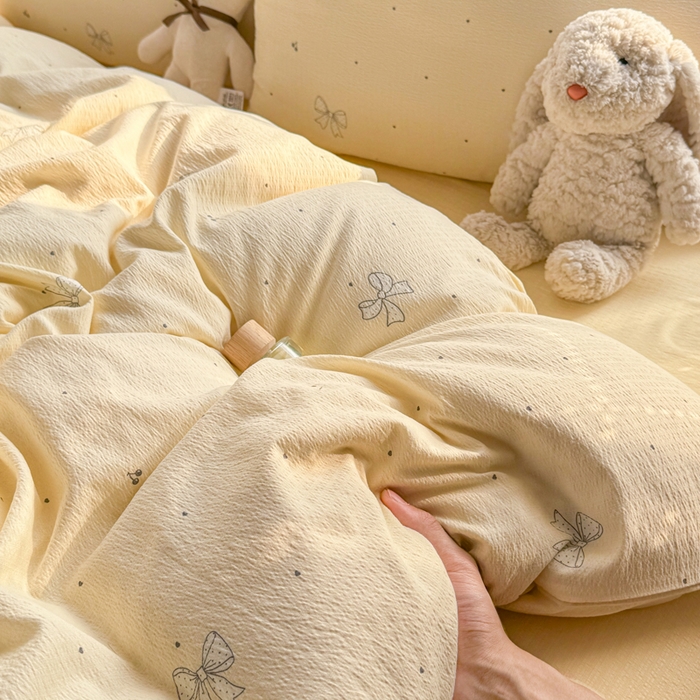 91家纺网 家纺一手货源 找家纺 丝芙妮家居 2026新款皱皱棉双层纱泡芙棉四件套 泡芙蝴蝶结